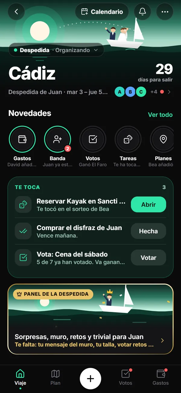 Inicio de una despedida en Planbum: la escena de la despedida, la cuenta atrás, lo que te toca y el panel de la despedida.