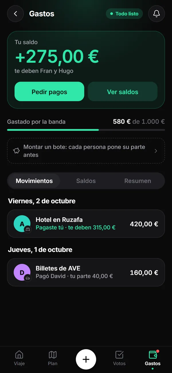 Pantalla de gastos: tu saldo, lo gastado por el grupo y los últimos movimientos.
