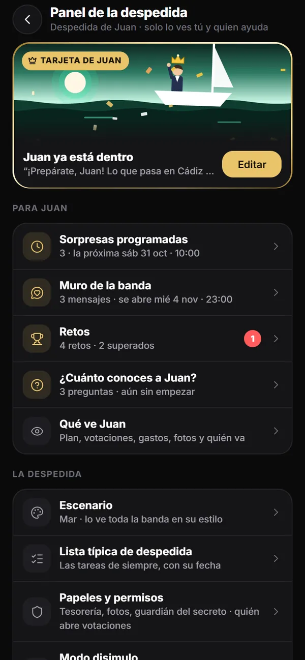 Panel de la despedida: su tarjeta, sorpresas, muro, retos, trivial y qué ve el novio.