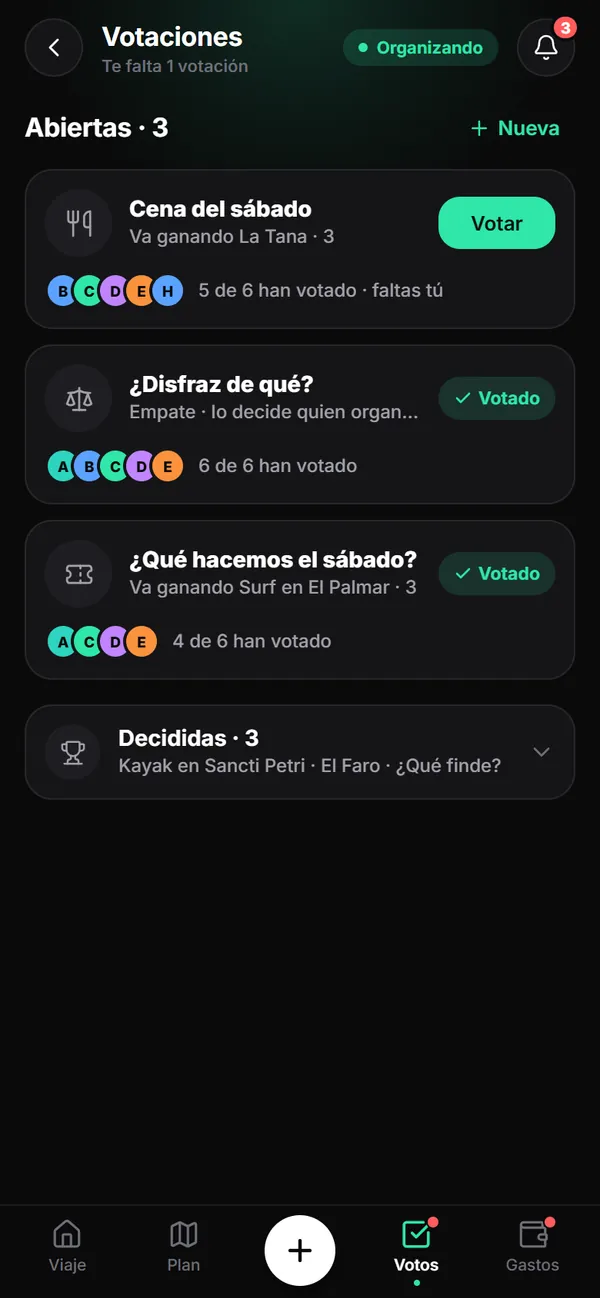 Pantalla de votaciones: opciones abiertas, quién ha votado y lo que va ganando.