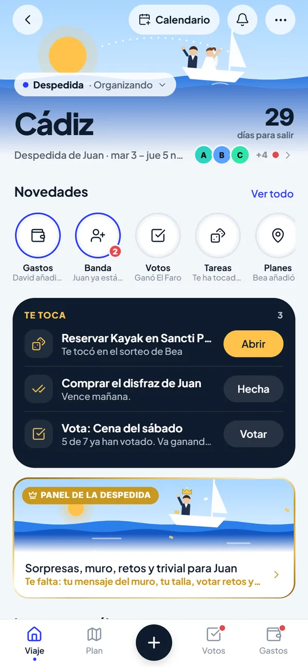 Inicio de una despedida en Planbum: la escena de la despedida, la cuenta atrás, lo que te toca y el panel de la despedida.