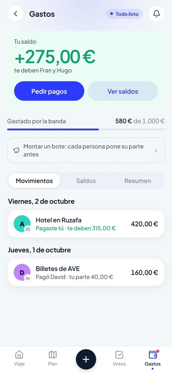 Pantalla de gastos: tu saldo, lo gastado por el grupo y los últimos movimientos.