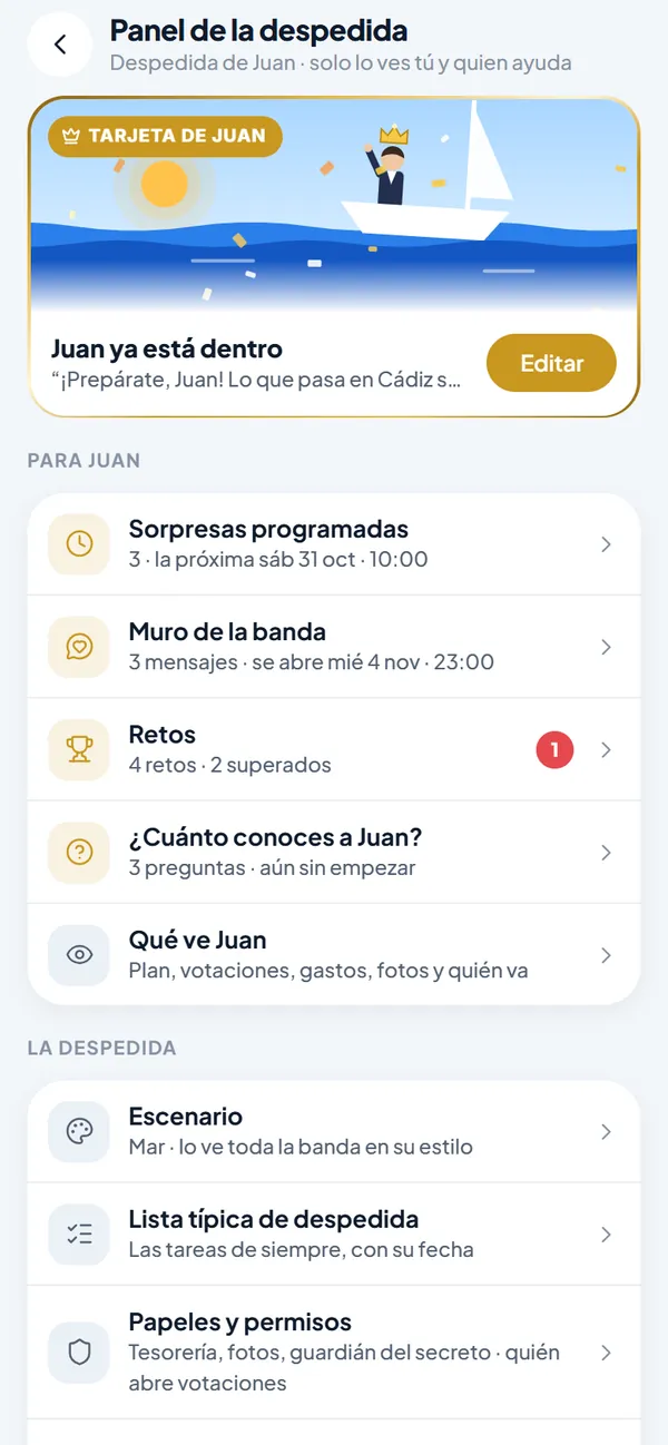 Panel de la despedida: su tarjeta, sorpresas, muro, retos, trivial y qué ve el novio.