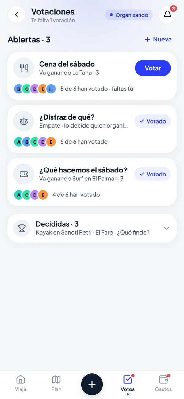 Pantalla de votaciones: opciones abiertas, quién ha votado y lo que va ganando.